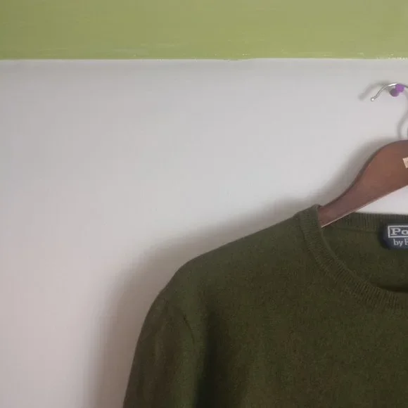 Army Green Wool Sweater, 100% Merino Wool, Polo RL Pony Logo Sweater - Picture 5 of 7